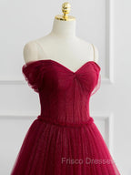 A-Line Tulle Burgundy Long Formal Prom Dress, Tulle Long Formal Dress