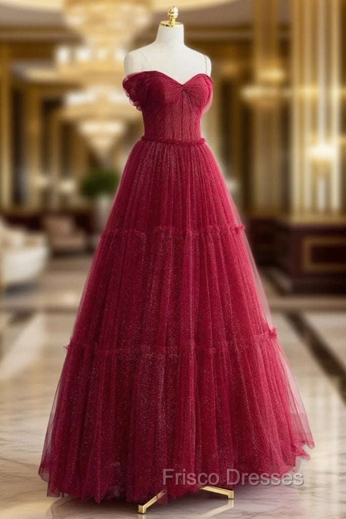 A-Line Tulle Burgundy Long Formal Prom Dress, Tulle Long Formal Dress Main image