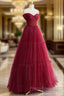 A-Line Tulle Burgundy Long Formal Prom Dress, Tulle Long Formal Dress