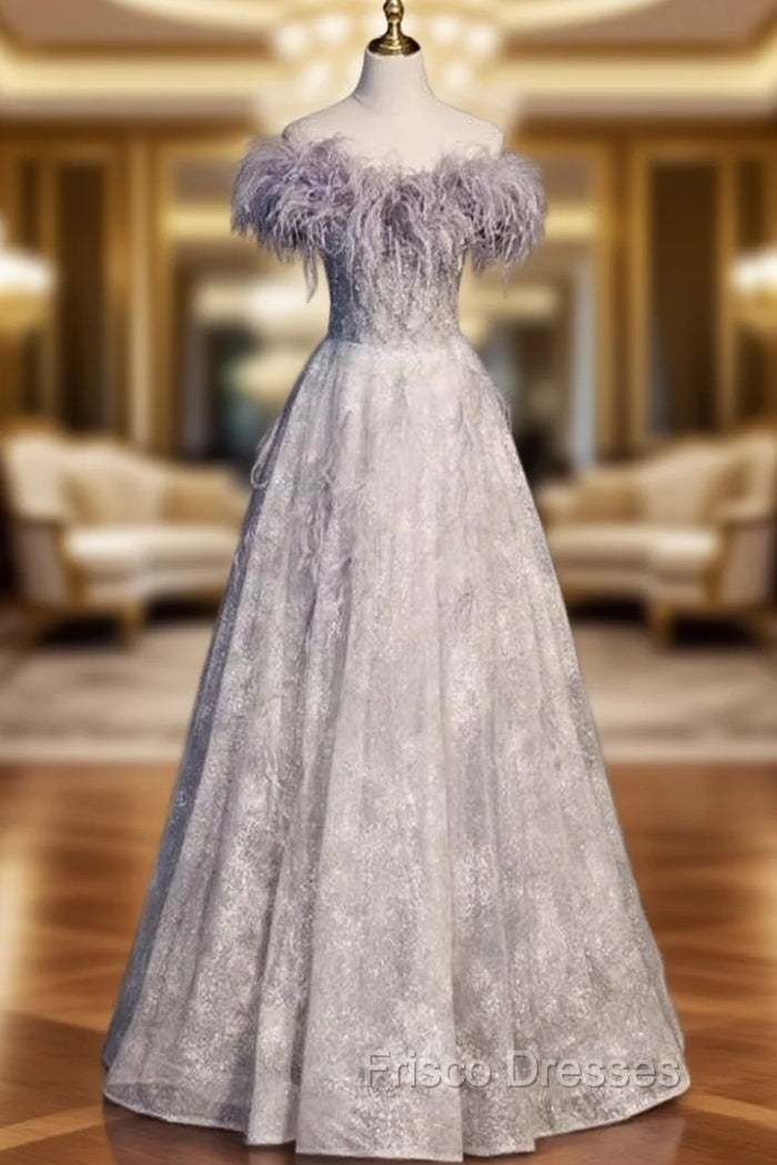 A-Line Tulle Feather Beading Formal Prom Dress Main image