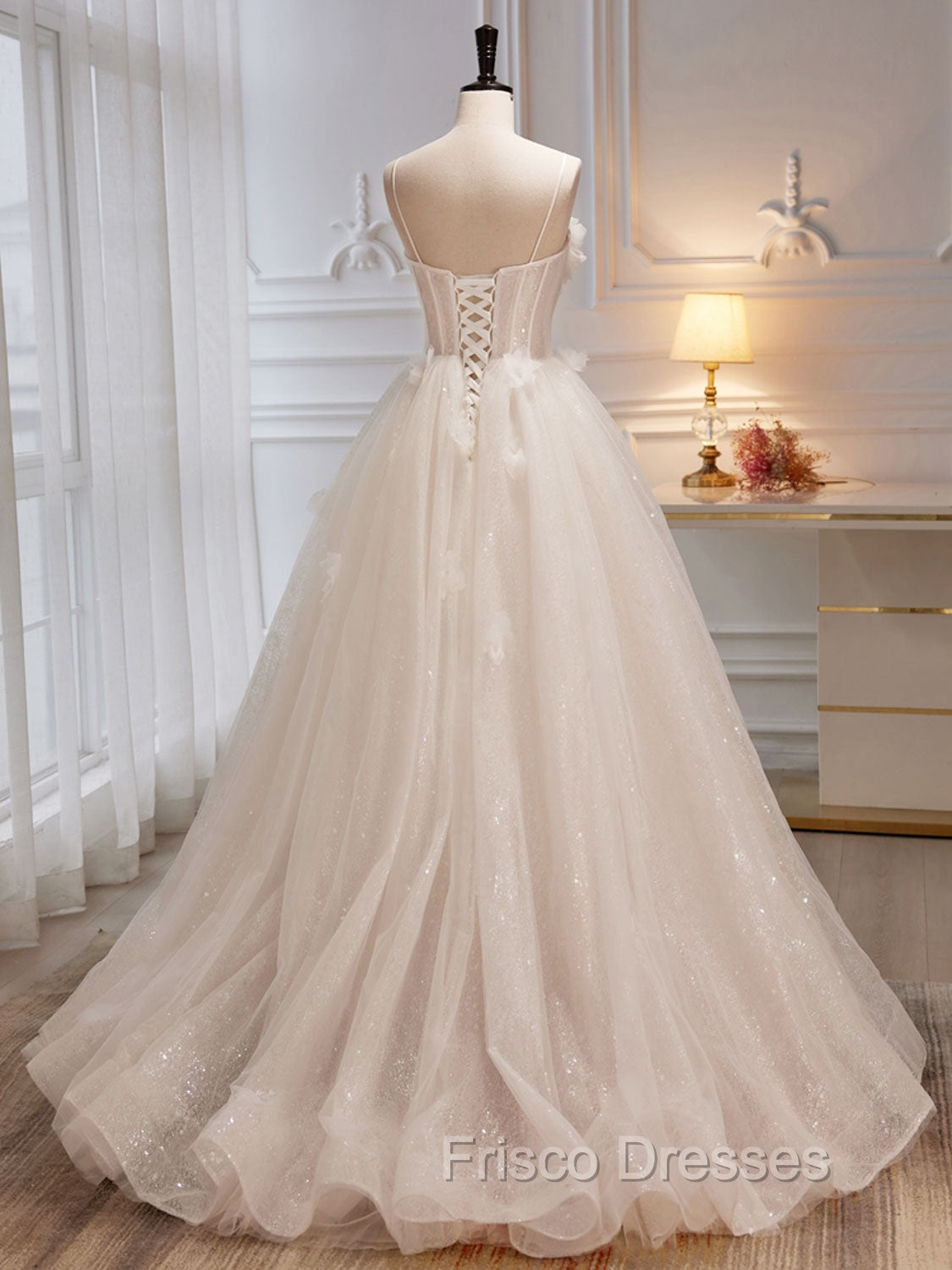 A-Line Tulle Flower Light Champagne Long Formal Prom Dress, Shiny Formal Dress Secondary image