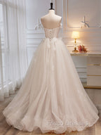 A-Line Tulle Flower Light Champagne Long Formal Prom Dress, Shiny Formal Dress