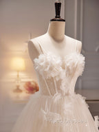 A-Line Tulle Flower Light Champagne Long Formal Prom Dress, Shiny Formal Dress