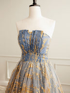 A-Line Tulle Gold/Blue Long Formal Prom Dress, Blue Formal Evening Dress