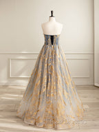 A-Line Tulle Gold/Blue Long Formal Prom Dress, Blue Formal Evening Dress