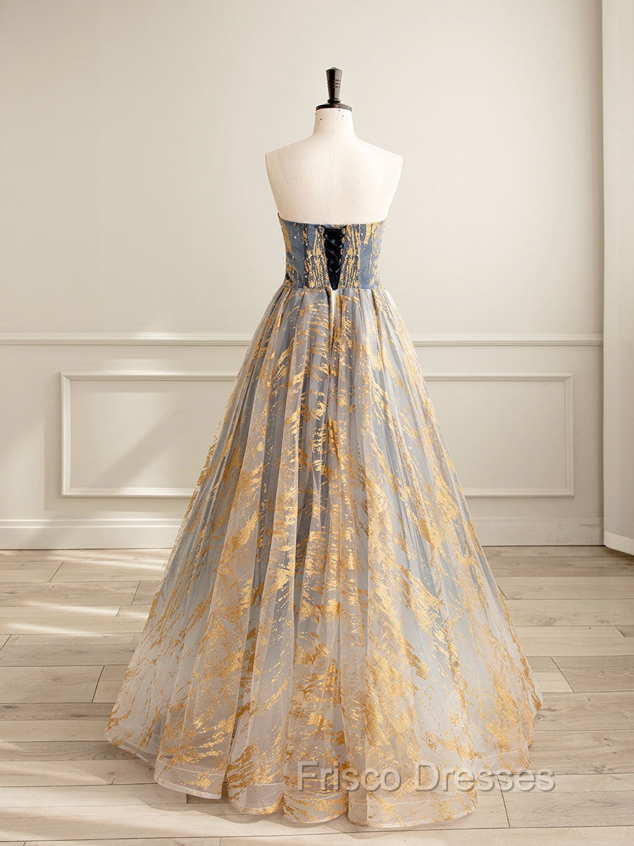 A-Line Tulle Gold/Blue Long Formal Prom Dress, Blue Formal Evening Dress