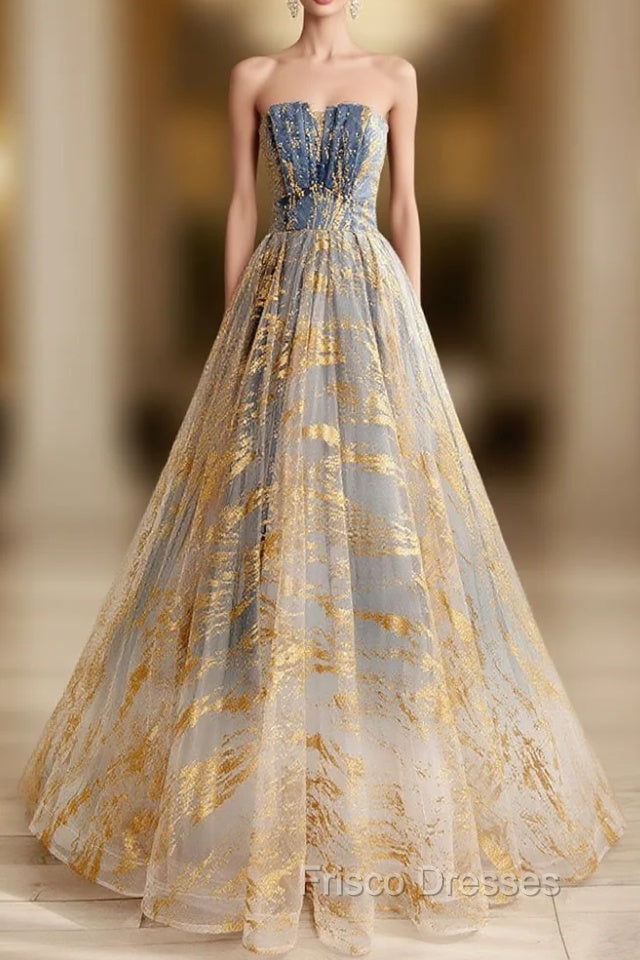 A-Line Tulle Gold/Blue Long Formal Prom Dress, Blue Formal Evening Dress Main image