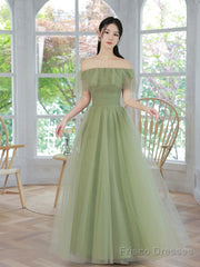A-Line Tulle Green Long Prom Dress, Green Formal Evening Dress