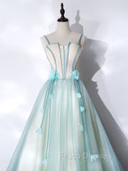 A-Line Tulle Green Long Formal Prom Dress, Green Graduation Dress with Sweep Train