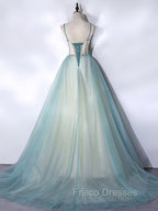 A-Line Tulle Green Long Formal Prom Dress, Green Graduation Dress with Sweep Train