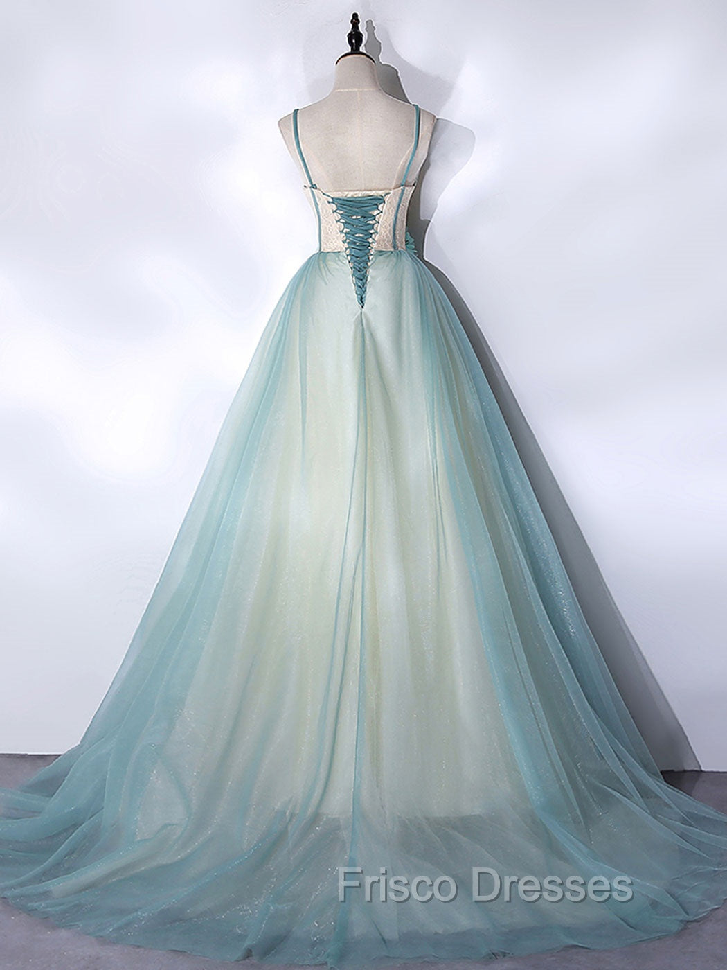 A-Line Tulle Green Long Formal Prom Dress, Green Graduation Dress with Sweep Train