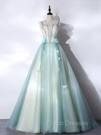 A-Line Tulle Green Long Formal Prom Dress, Green Graduation Dress with Sweep Train
