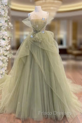 A-Line  Tulle Green Long Formal Prom Dress, Green Tulle Long Sweet 16 Dress