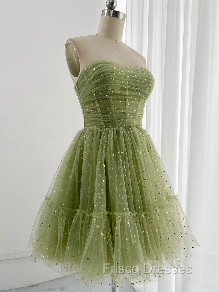 A-Line Tulle Green Short Formal Prom Dress, Cute Green Homecoming Dress