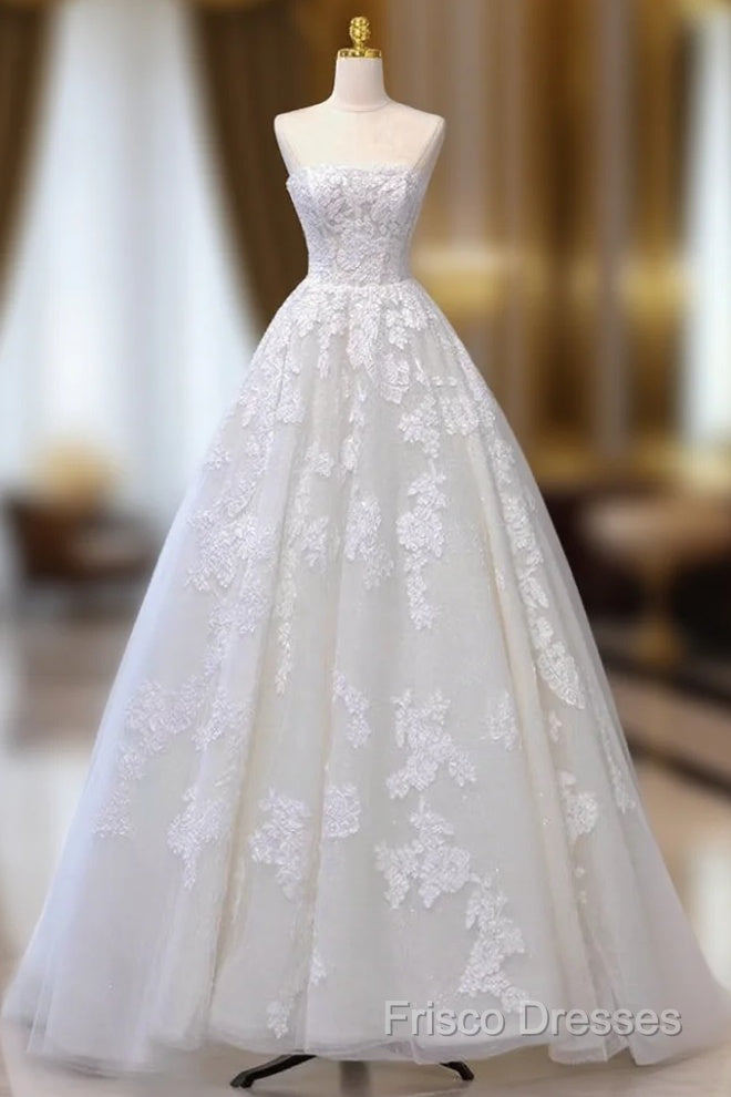 A-Line Tulle Lace Beige Long Formal Prom Dress, Beige Long Formal Dress Main image