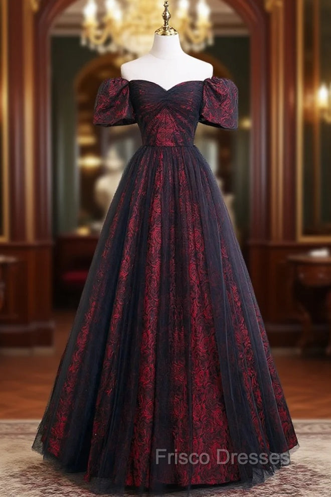 A-Line Tulle Lace Black/burgundy Long Formal Prom Dress, Black/Burgundy Long Formal Dress