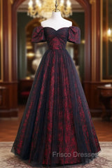 A-Line Tulle Lace Black/burgundy Long Formal Prom Dress, Black/Burgundy Long Formal Dress