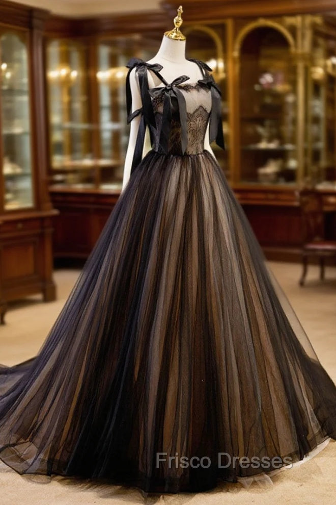 A-Line Tulle Lace Black Long Formal Prom Dress, Black Formal Evening Dress