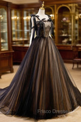 A-Line Tulle Lace Black Long Formal Prom Dress, Black Formal Evening Dress