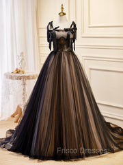A-Line Tulle Lace Black Long Formal Prom Dress, Black Formal Evening Dress