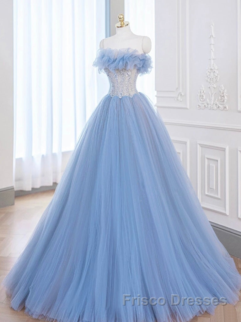 A-Line Tulle Lace Blue Long Formal Prom Dresses, Blue Lace Long Formal Dresses Secondary image