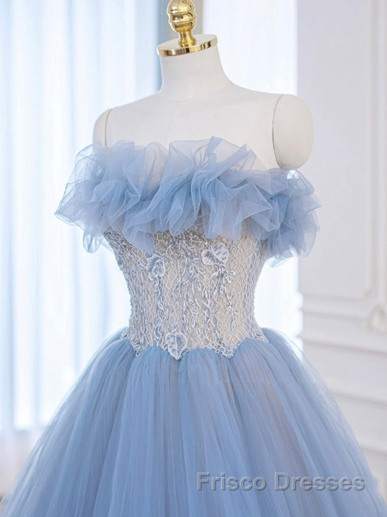 A-Line Tulle Lace Blue Long Formal Prom Dresses, Blue Lace Long Formal Dresses