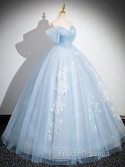 A-Line Tulle Lace Blue Long Formal Prom Dress, Off Shoulder Blue Long Sweet 16 Dress
