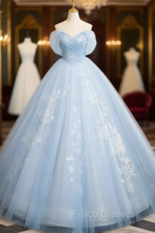 A-Line Tulle Lace Blue Long Formal Prom Dress, Off Shoulder Blue Long Sweet 16 Dress