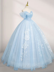 A-Line Tulle Lace Blue Long Formal Prom Dress Off Shoulder Sky Blue Dress