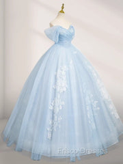 A-Line Tulle Lace Blue Long Formal Prom Dress Off Shoulder Sky Blue Dress