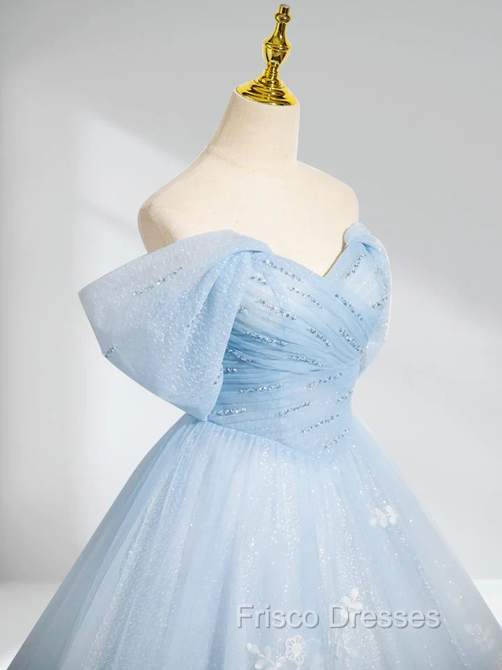 A-Line Tulle Lace Blue Long Formal Prom Dress Off Shoulder Sky Blue Dress