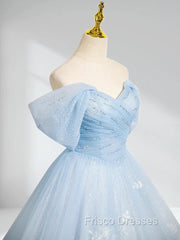 A-Line Tulle Lace Blue Long Formal Prom Dress Off Shoulder Sky Blue Dress