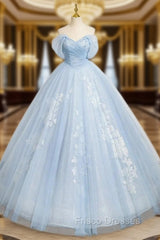 A-Line Tulle Lace Blue Long Formal Prom Dress Off Shoulder Sky Blue Dress