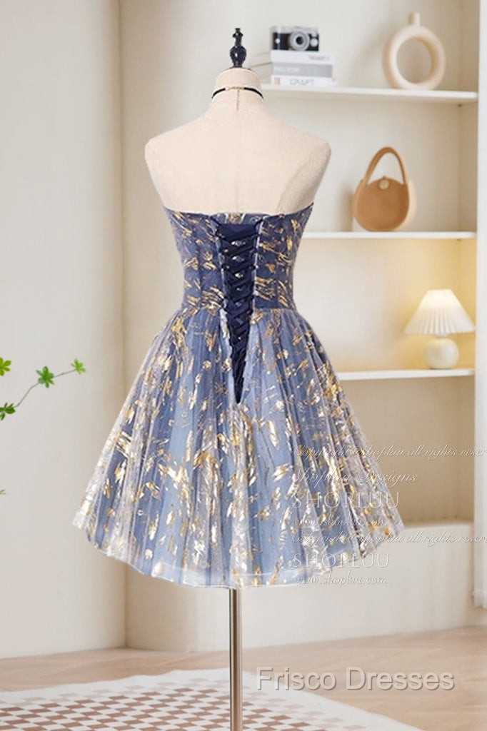 A-Line Tulle Lace Blue Short Formal Prom Dress, Cute Blue Homecoming Dress Secondary image