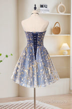 A-Line Tulle Lace Blue Short Formal Prom Dress, Cute Blue Homecoming Dress