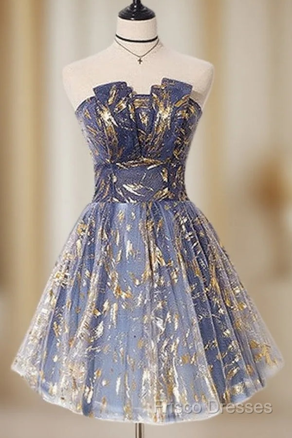 A-Line Tulle Lace Blue Short Formal Prom Dress, Cute Blue Homecoming Dress Main image