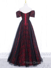 A-Line Tulle Lace Burgundy Long Formal Prom Dress, Burgundy Long Formal Dress