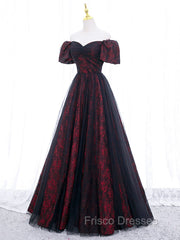 A-Line Tulle Lace Burgundy Long Formal Prom Dress, Burgundy Long Formal Dress