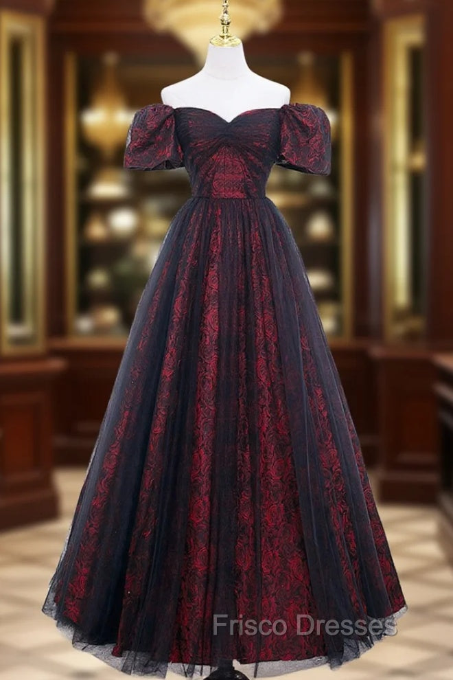 A-Line Tulle Lace Burgundy Long Formal Prom Dress, Burgundy Long Formal Dress Main image