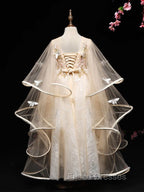 A-Line Tulle Lace Butterfly Champagne Flower Girl Dress