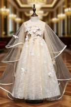 A-Line Tulle Lace Butterfly Champagne Flower Girl Dress