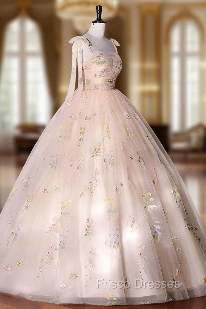 A-Line Tulle Lace Champagne Long Formal Prom Dress, Champagne Formal Sweet 16 Dress Main image