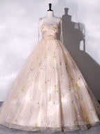 A-Line Tulle Lace Champagne Long Formal Prom Dress, Champagne Formal Sweet 16 Dress