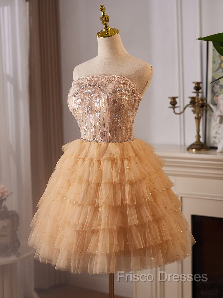 A-Line Tulle Lace Champagne Short Formal Prom Dress, Champagne Homecoming Dress Secondary image