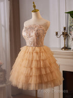 A-Line Tulle Lace Champagne Short Formal Prom Dress, Champagne Homecoming Dress