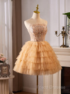 A-Line Tulle Lace Champagne Short Formal Prom Dress, Champagne Homecoming Dress
