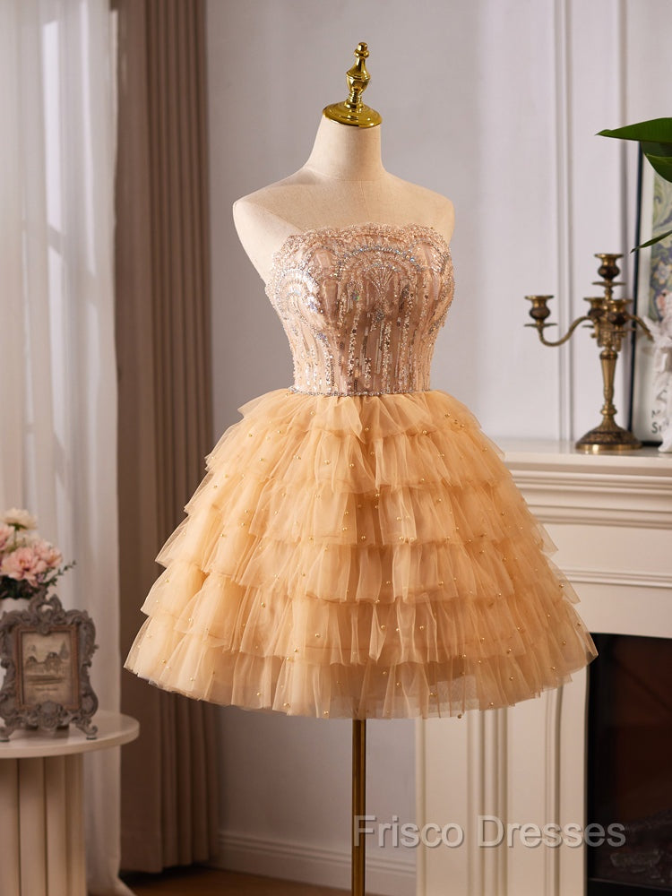 A-Line Tulle Lace Champagne Short Formal Prom Dress, Champagne Homecoming Dress