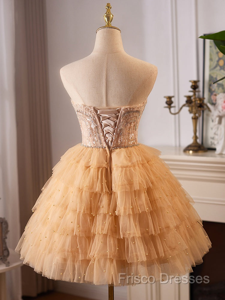 A-Line Tulle Lace Champagne Short Formal Prom Dress, Champagne Homecoming Dress
