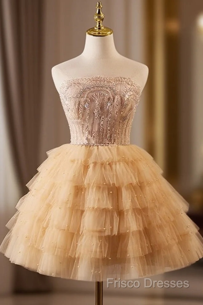 A-Line Tulle Lace Champagne Short Formal Prom Dress, Champagne Homecoming Dress Main image