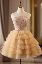 A-Line Tulle Lace Champagne Short Formal Prom Dress, Champagne Homecoming Dress